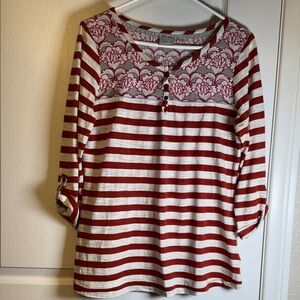 Anthropologie Blouse 3/4 Sleeve Striped Burnt Orange White Size Large EUC #2217